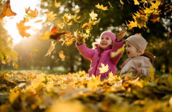 Дети на улице. Играют в куче листьев