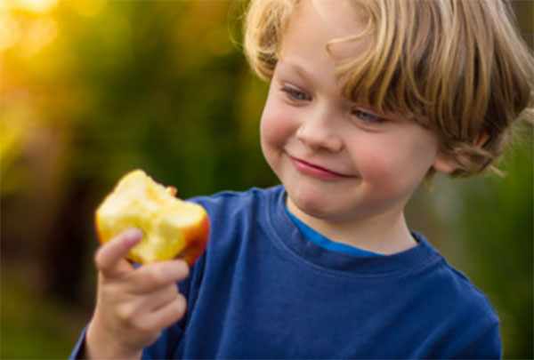 Мальчик ест яблоко